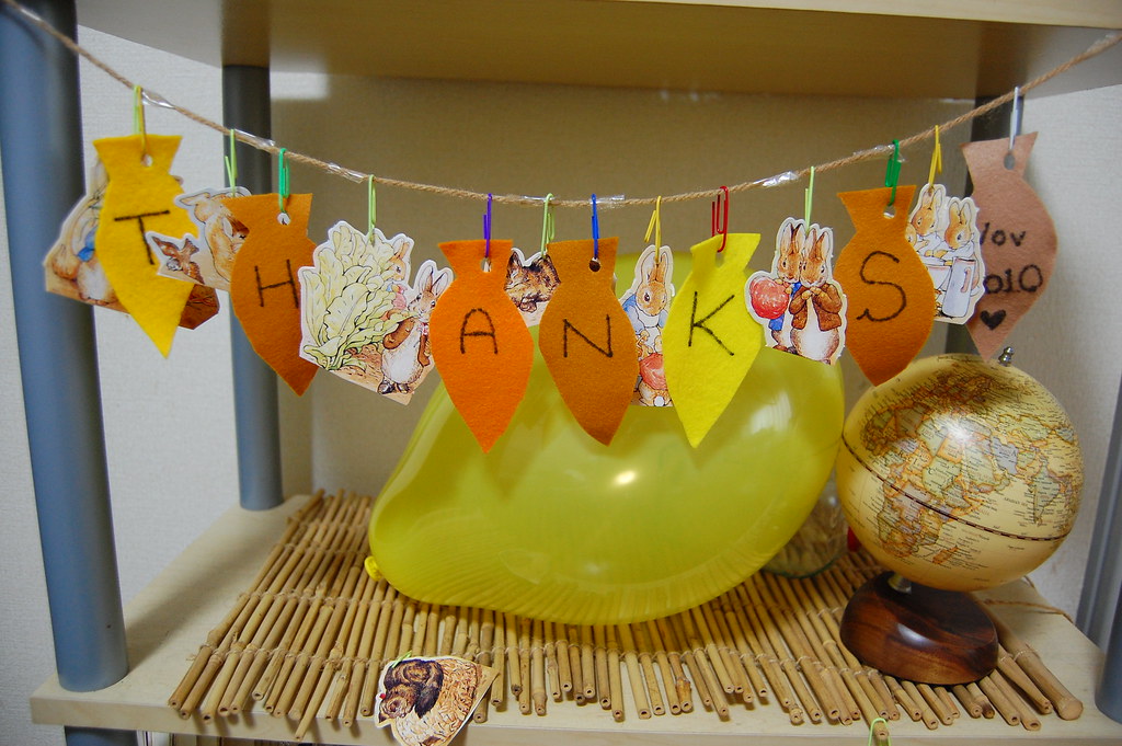 String of Letters saying Thanks with objects below.