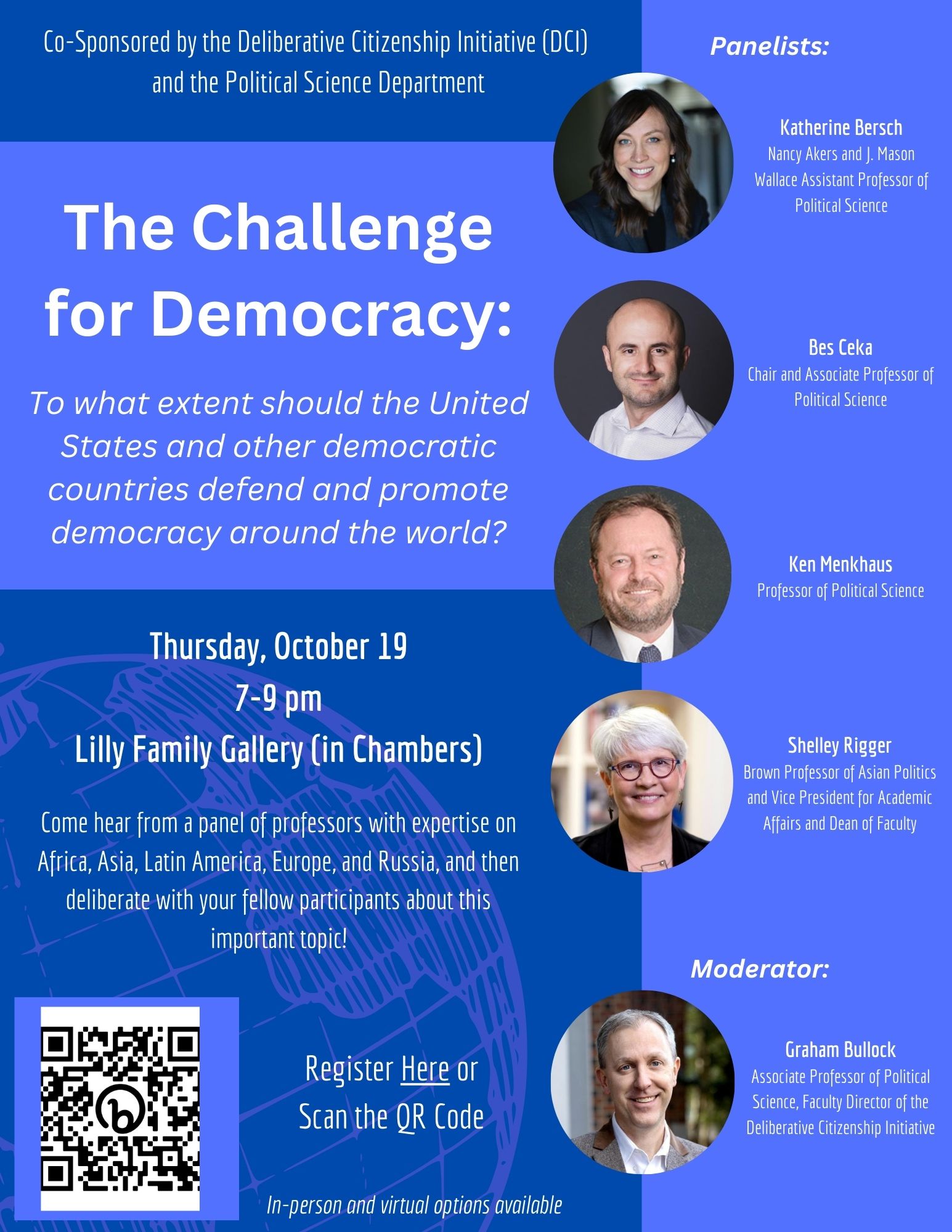 DCI and Political Science Department The Challenge for Democracy Event flyer.