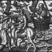 Strepsiades and Pheidippides are discussing, Socrates is hanging in the air in a basket. Scene from Aristophanes's comedy Clouds.