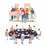 Graphics showing protestors and people deliberating around a table