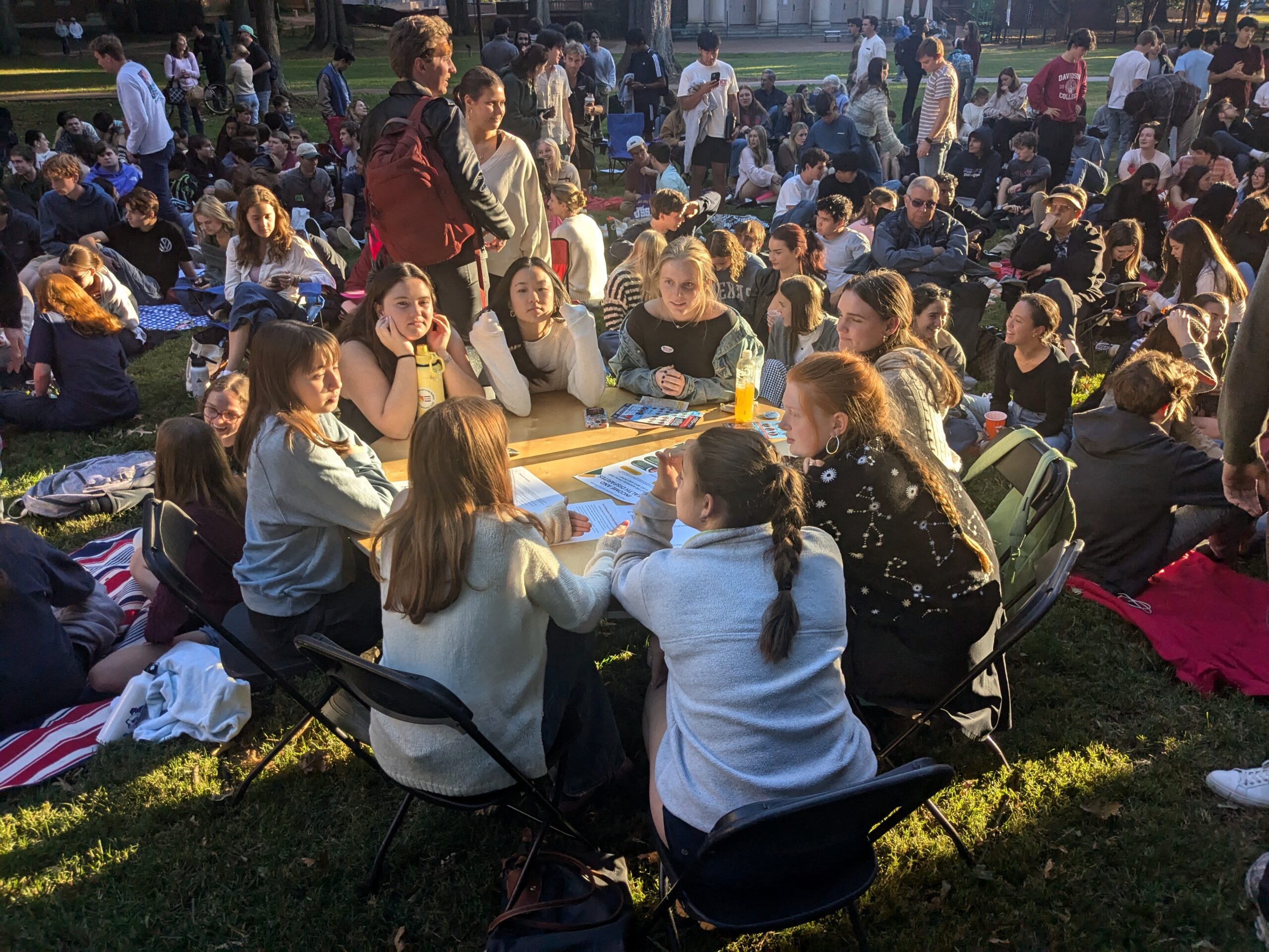Group of students sitting around a table discussing