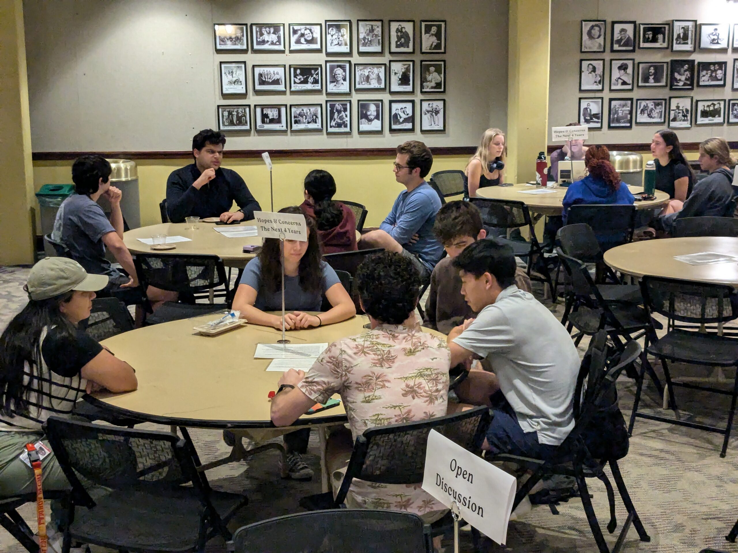 Students discussing around tables