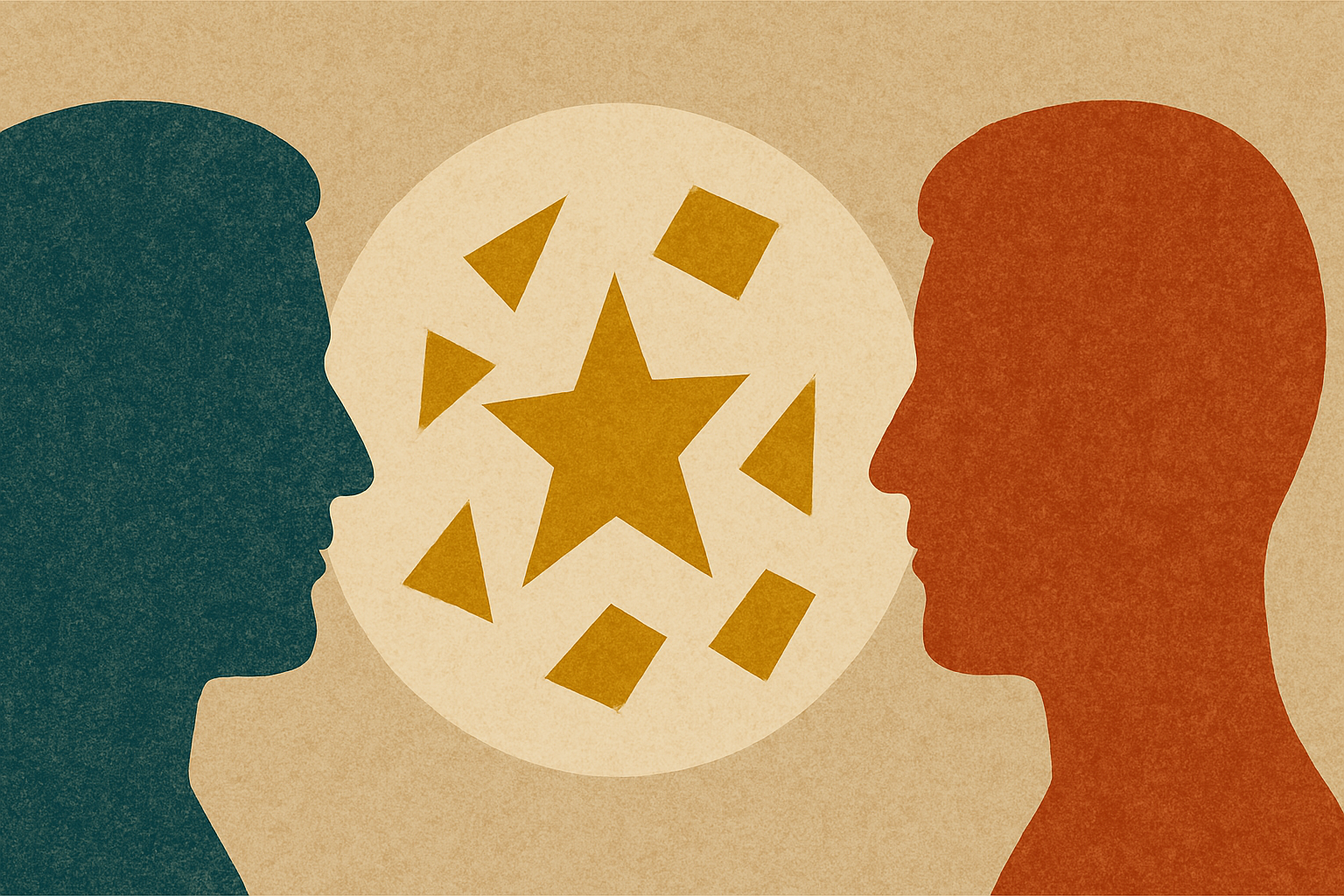 two figures facing each other, blue and red, with a star between them.