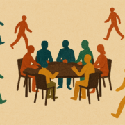 cartoon people sitting around a table and walking towards the table