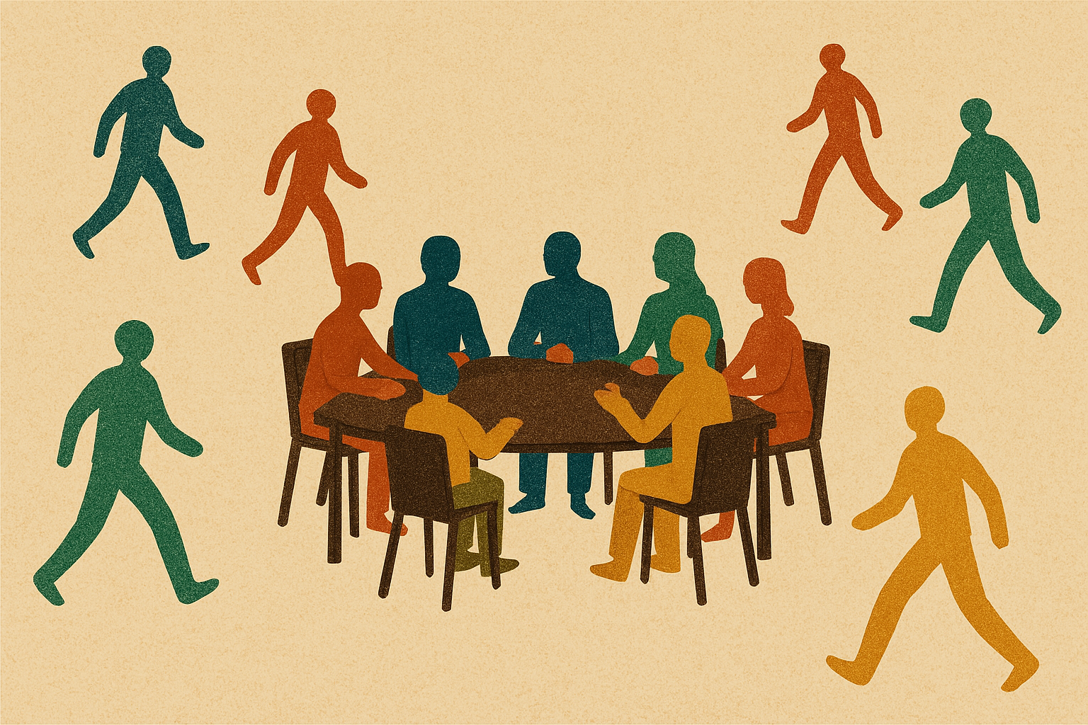 cartoon people sitting around a table and walking towards the table