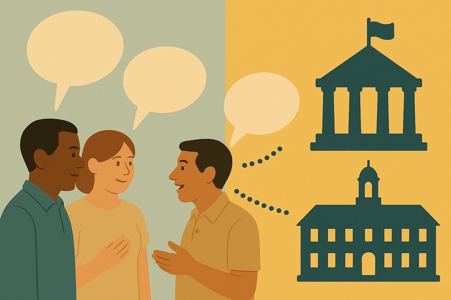Image of people talking with arrows to a statehouse and a school.