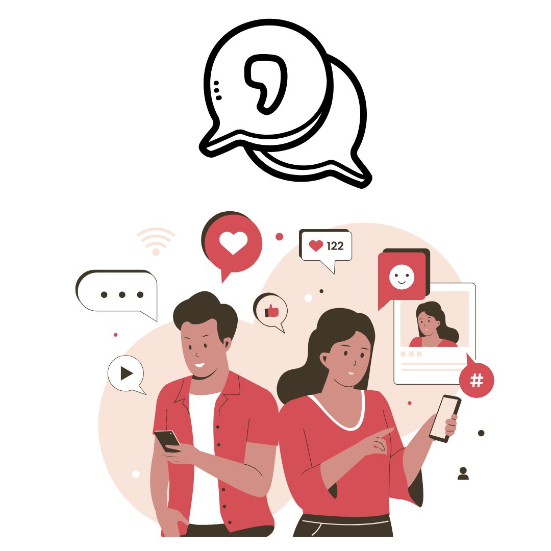 Image of people on social media with some speech bubbles above them.