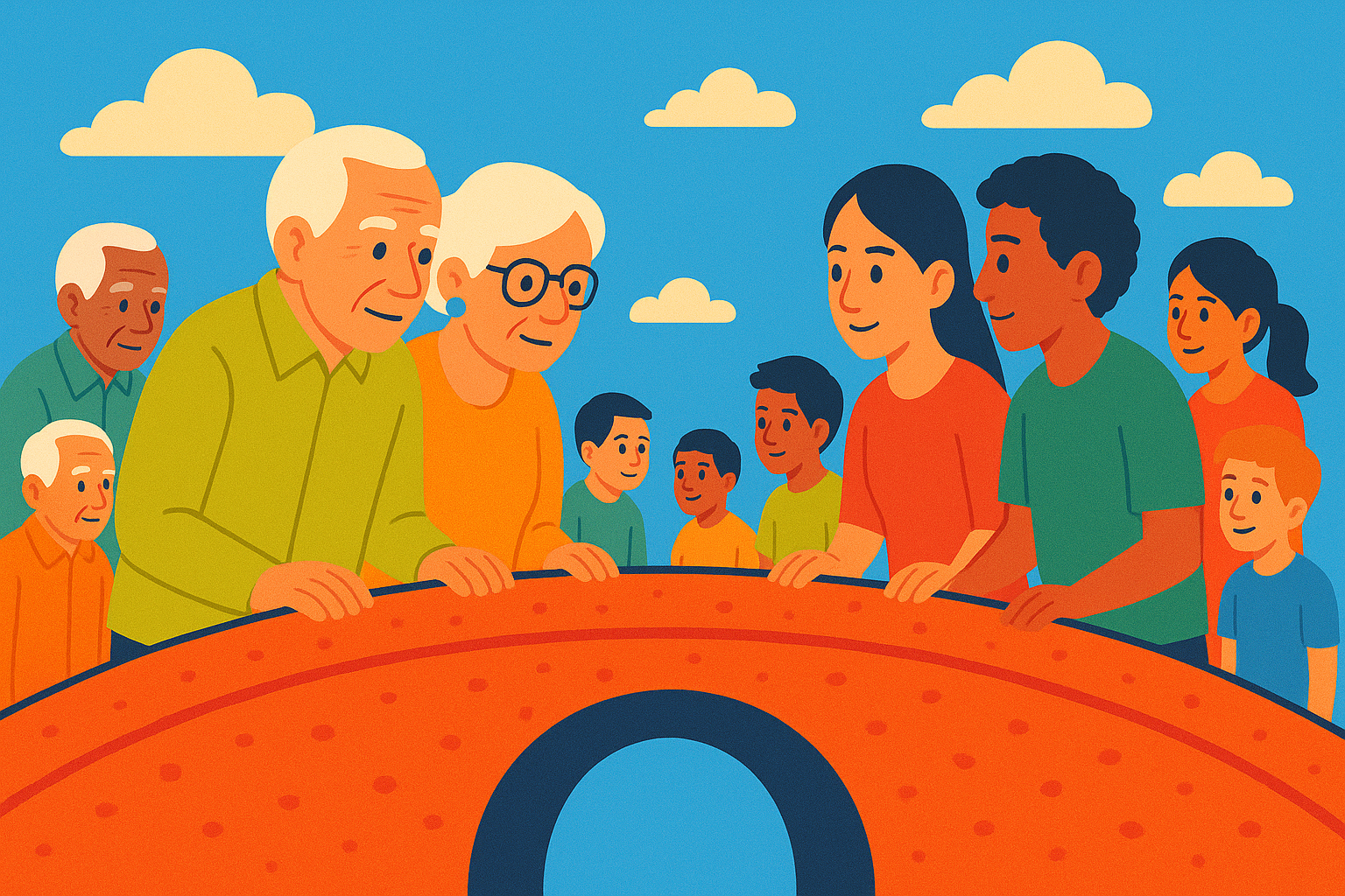 Illustration of a bridge with elders and young adults smiling at each other