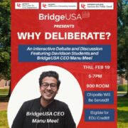 Flyer for Why Deliberate event featuring photo of Manu Meel