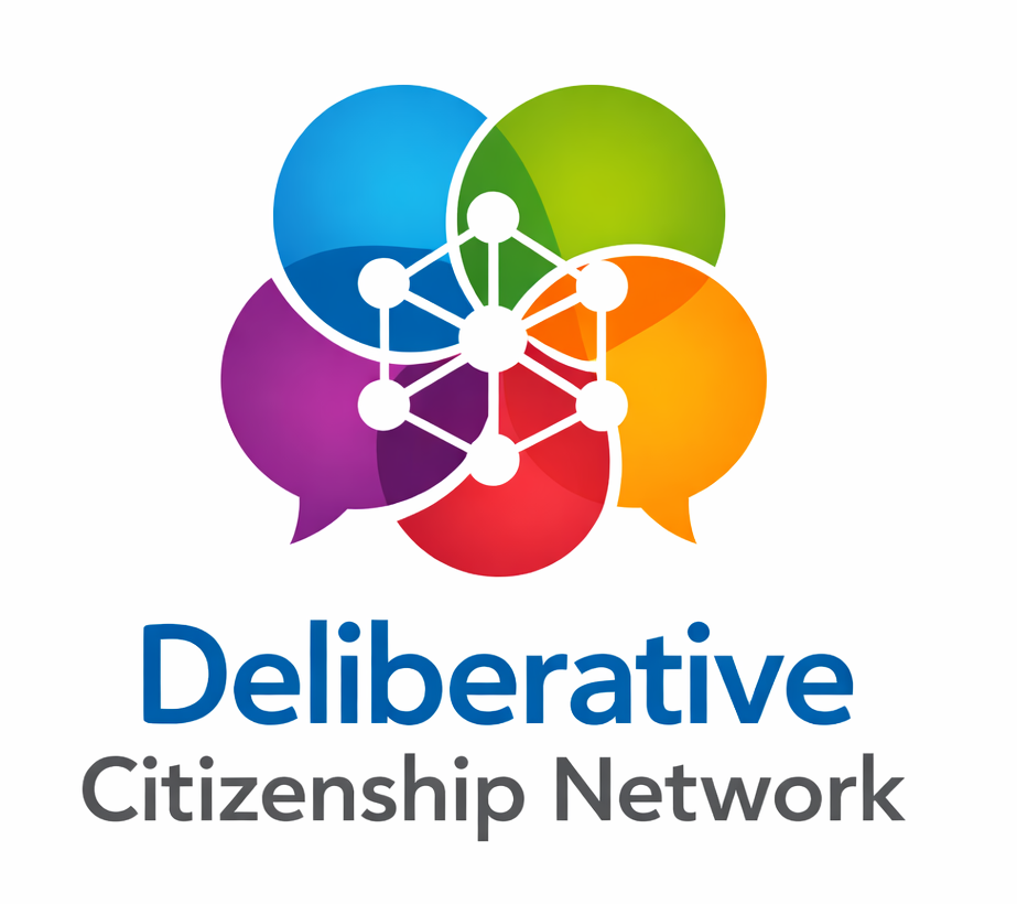 Logo of Deliberative Citizenship Network with colorful speech bubbles and a network diagram.