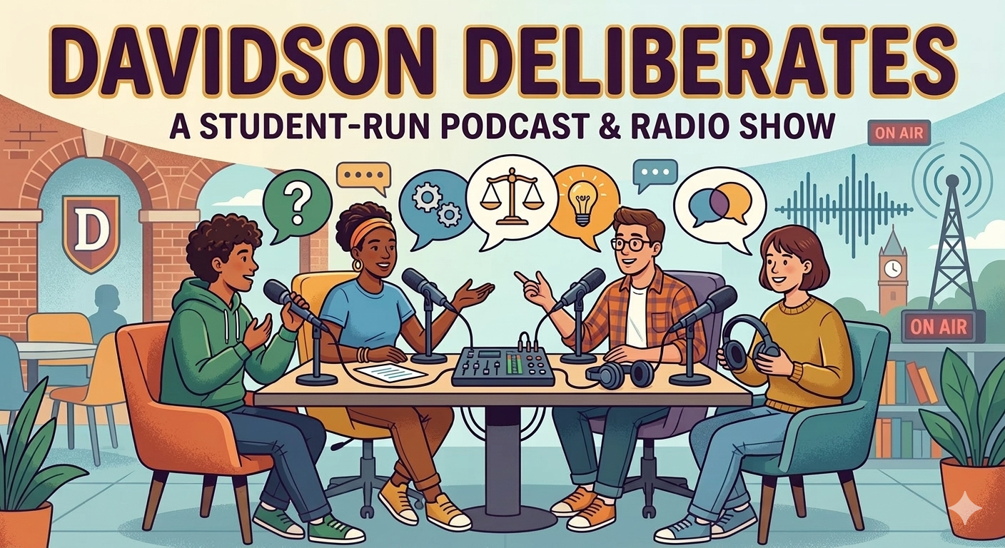 Davidson Deliberates cartoon image with four students sitting around a table talking to microphones.
